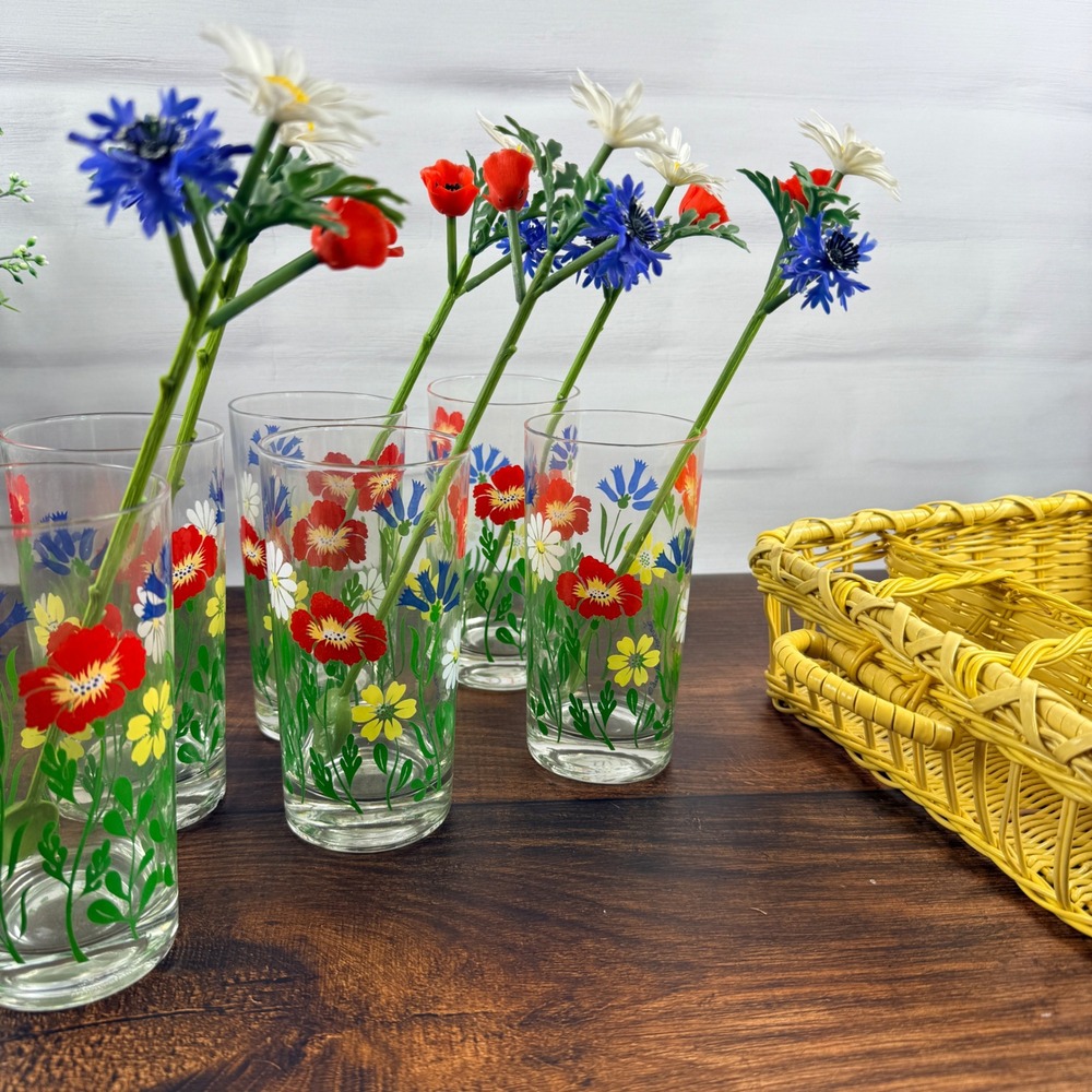 Georges Briard Wildflower Highball Glasses Set 6 Stir Sticks Wicker Tray